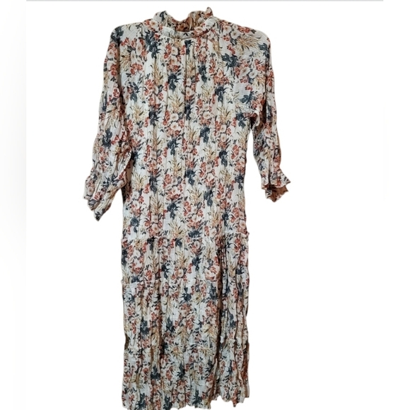 POL Dress Medium Midi Colorful Floral Tiered Lined Ruffle Tie Neck Wrinkle Knit - Picture 2 of 7